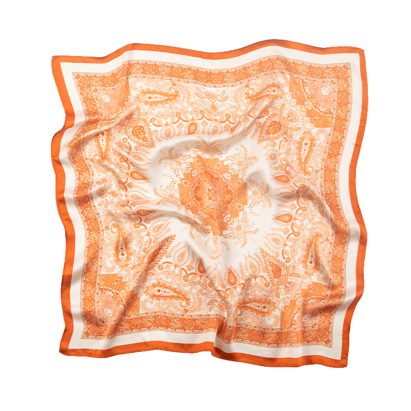Shanghai Story 100% Mulberry Silk Square Scarf Satin Scarf Gift Box Cashew Pattern - Elegant Orange