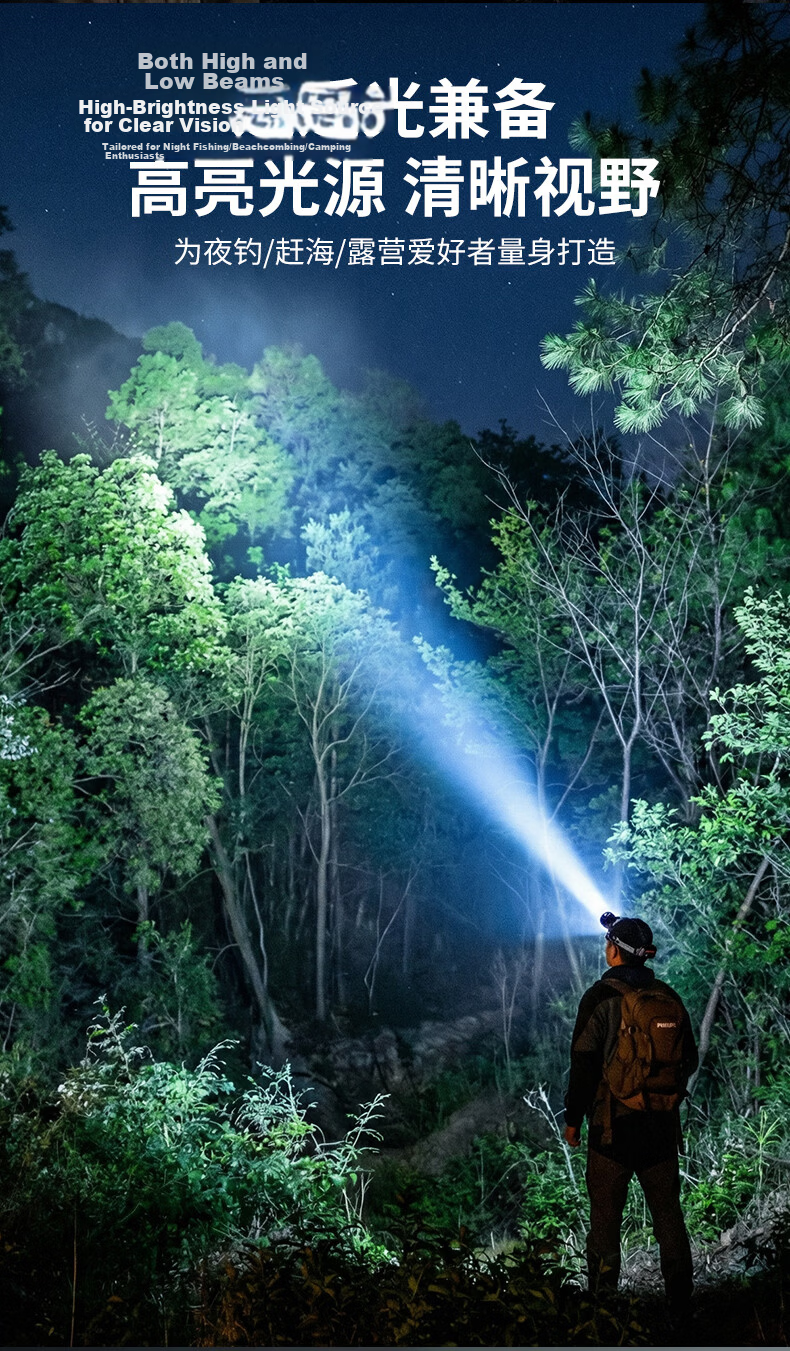 PHILIPS Three-Light Headlamp High Brightness Long Battery Life 72 Hours Head-Worn 5000 Lumens Night Fishing Outdoor Mountaineering Waterproof 4