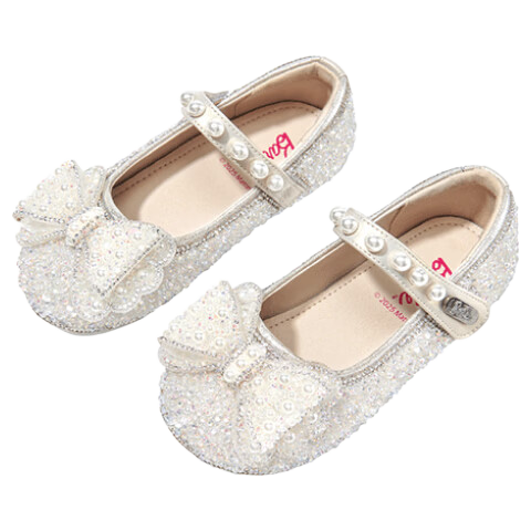 Barbie Girls' Spring And Autumn Pearl Crystal Shoes with Rhinestones, Fashion Leather Shoes for Girls, Stage Performance DA6719 Beige 26