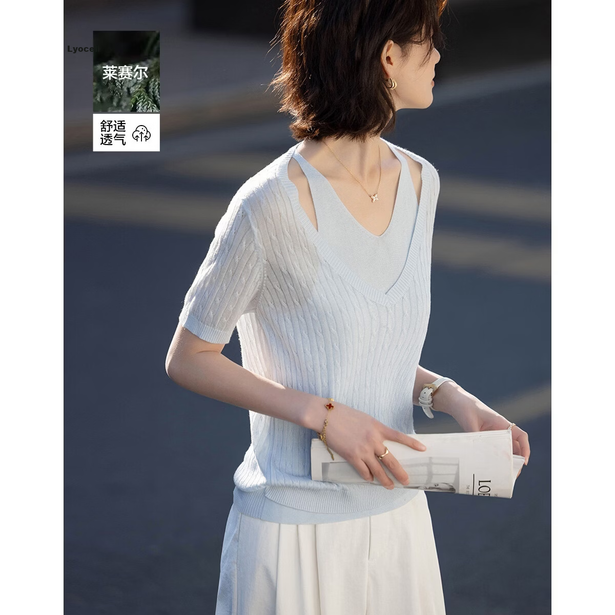 Demana [100 Lyocell] Summer Halter Neck Two-Piece V-Neck Cable Knit Slim Fit Short Sleeve Sweater for Women Premium Quality