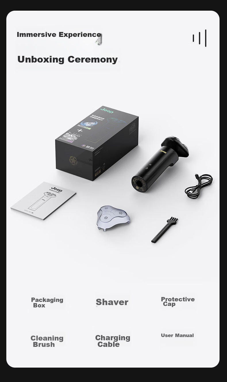 JEEP E5 Electric Shaver AI Smart Facial Sensor Men's Razor Fast Charging 3D Floating Head Fully Washable Gift for Boyfriend Husband Father 16