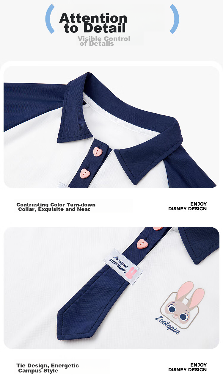 Disney Girls Cooling Polo T-Shirt Summer Color-Block Raglan Short Sleeve Judy Tie Top Navy Blue 160 10