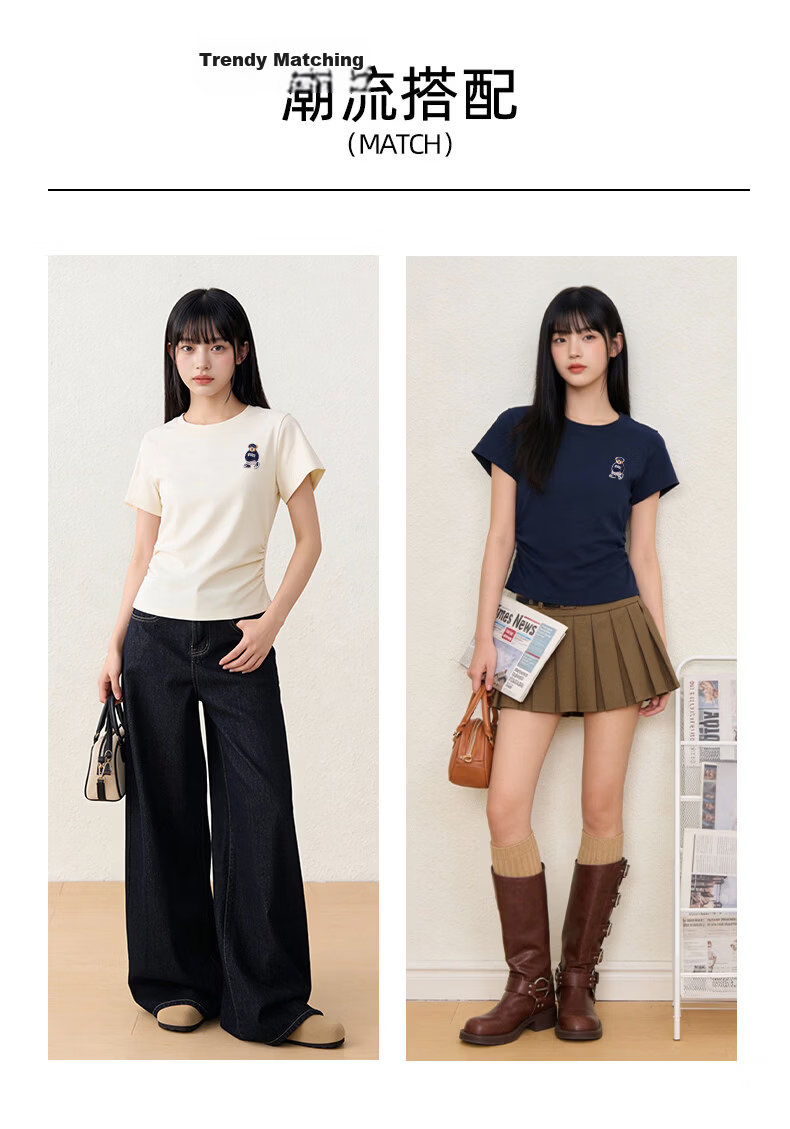 SPAO Bear Shoulder Slim Fit Short Sleeve T-Shirt Women 2026 Summer Ruched Waist Slim Casual Short Versatile Top 8