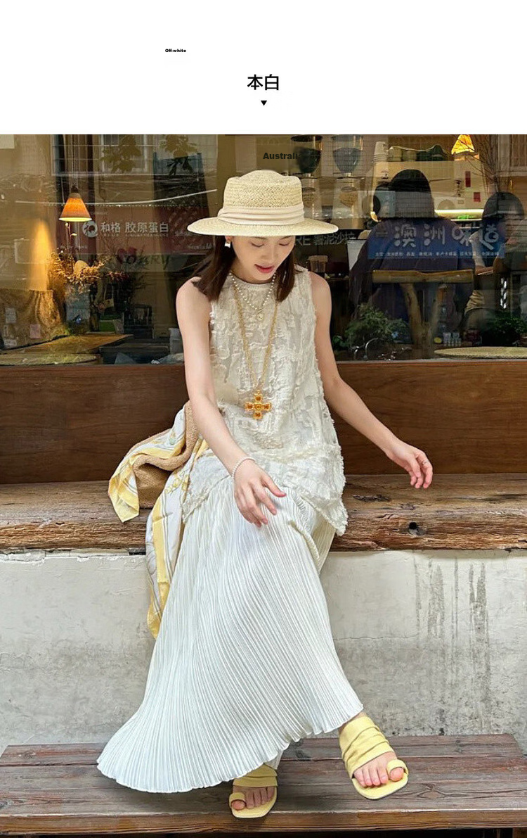 MT "Flowing Moonlight" Summer Small Chanel Style Cutwork Texture Sleeveless Spliced Pleated Hem Dress for Women High-End Feel 6