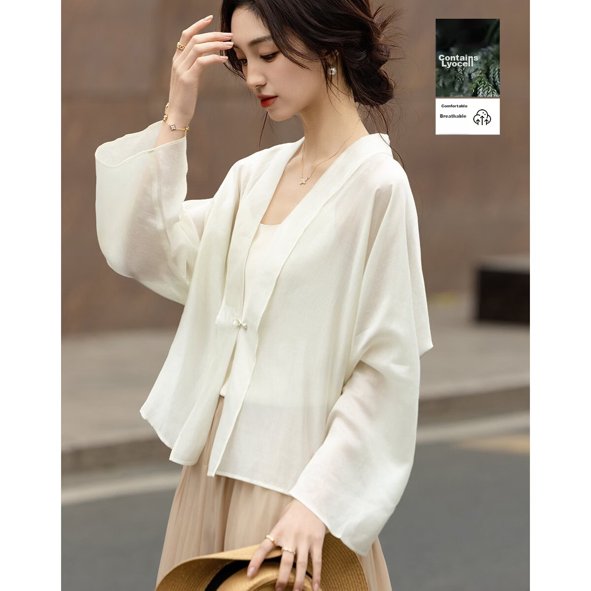 Demana [Refreshing Lyocell] Summer National Style New Chinese V-Neck Frog Button Loose Air-Conditioning Shirt Jacket for Women Premium Feel