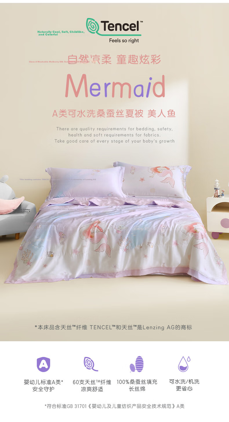 Luolai Children's Infant Class A Tencel Mulberry Silk Quilt Washable Air Conditioning Quilt Summer Cooling Quilt Children's Double Quilt 200*230cm 1