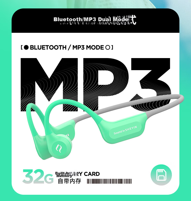 SHEYIN X7air True Bone Conduction Running and Swimming Sports Earphones Long-distance Marathon Fitness Ultra-long Battery Life IPX8 Waterproof Sweatproof Open Design 2026 New Black 16GB 15