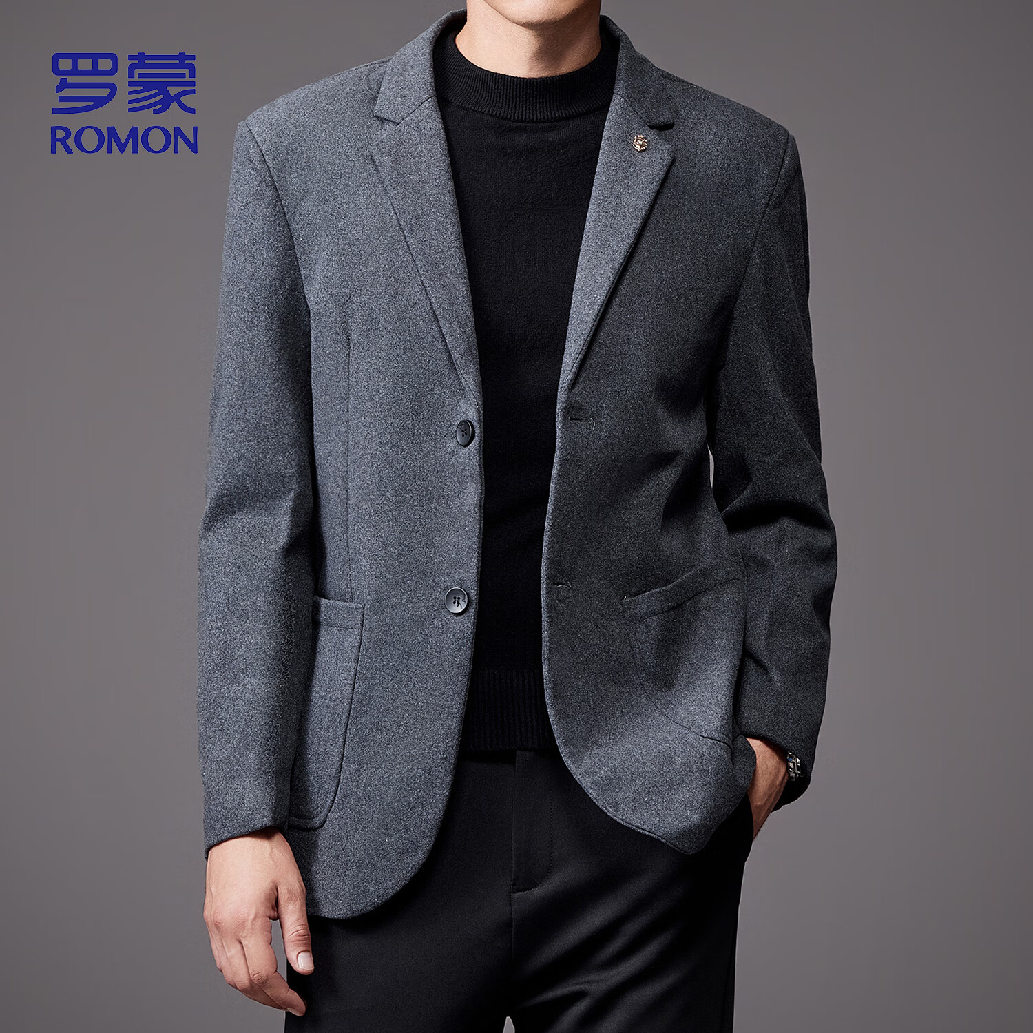 ROMON Wool Blend Men's Blazer Spring Autumn Business Casual Single Jacket Coat Warm Outerwear XF79 Gray XL