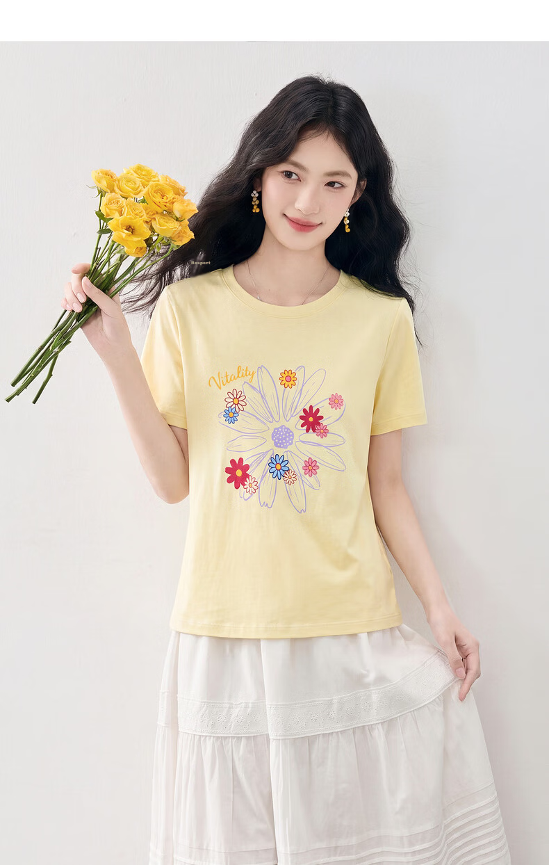 Sllsky Korean Style Floral Print Shoulder T-Shirt Women 2026 Summer New White Round Neck Short Sleeve Top 22