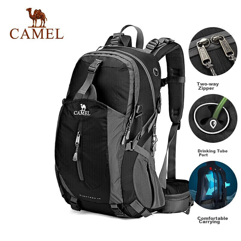 CAMEL Outdoor Hiking Backpack Unisex Large Capacity Multifunctional Lightweight Travel Backpack 2S04O001 Black