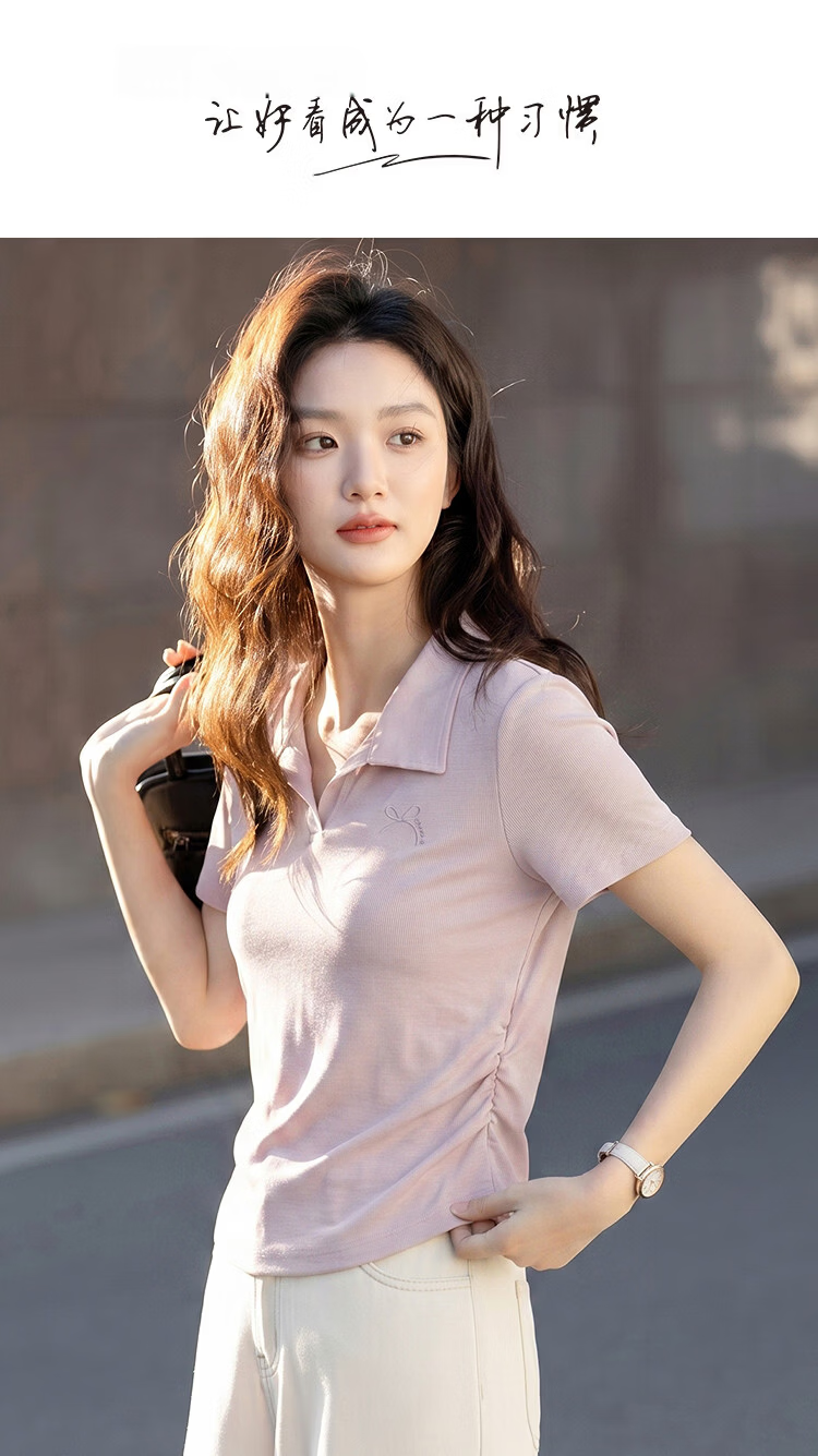 Demana [Comfort Cloud Cotton] Summer Simple Style Lapel Elastic Side Seam Bow Embroidery Slim Fit T-Shirt for Petite Women 1