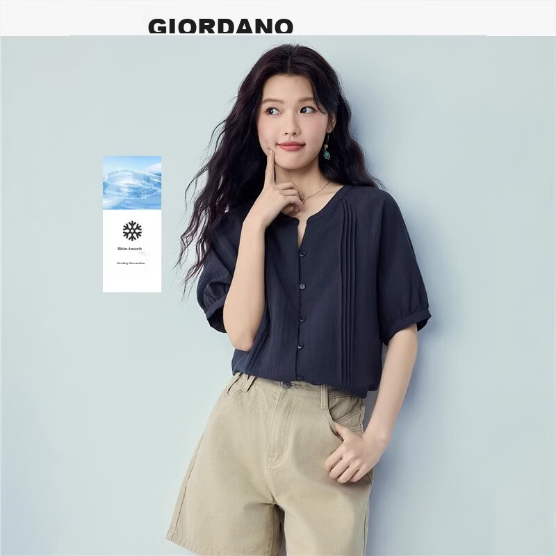 Giordano Women's Casual Cooling Shirt Summer New Loose Pleated V-Neck Raglan Short Sleeve Shirt 05346496