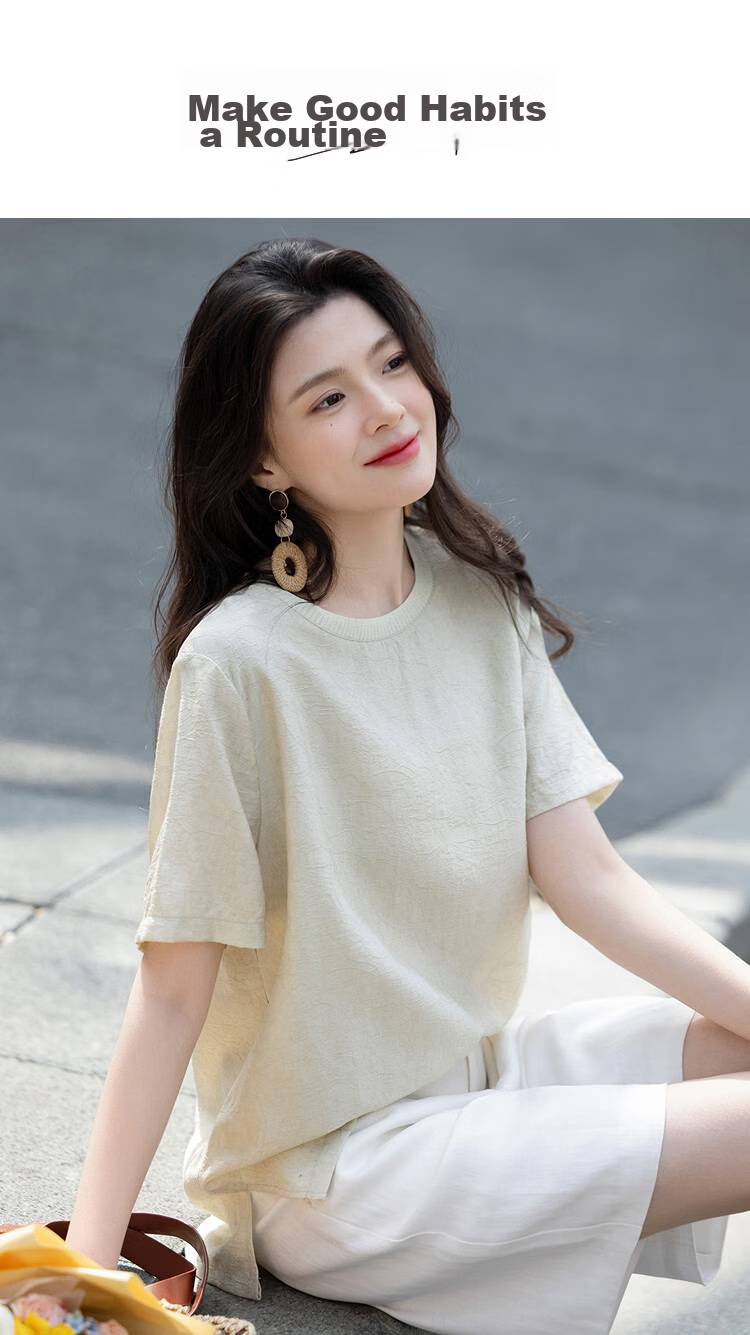 Demana Minimalist Light Summer Simple Knit Textured Round Neck Lightweight Loose Short Sleeve Shirt for Women 1