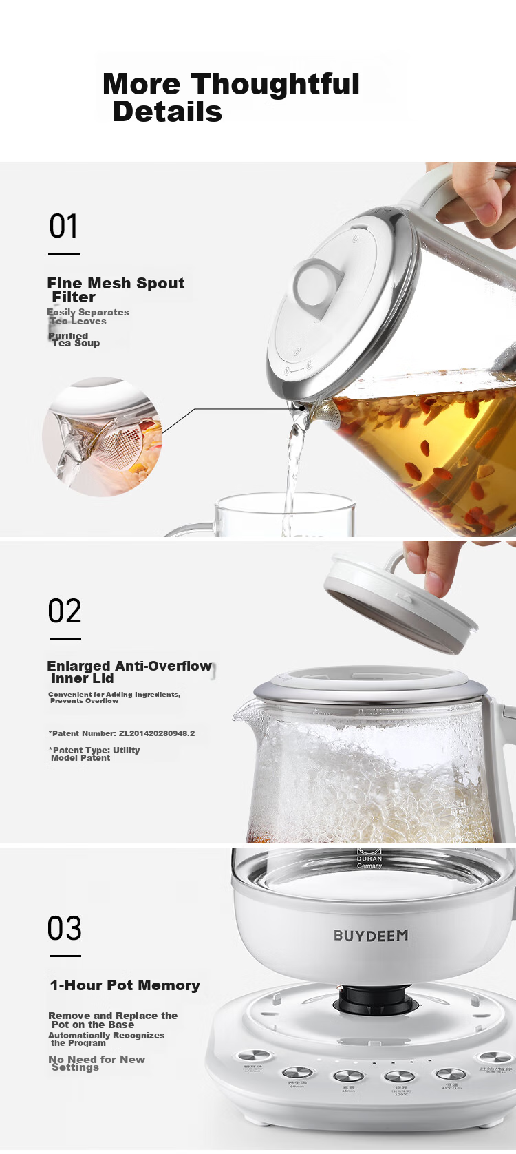 Buydeem Glue-Free Multifunctional Herbal Health Pot Temperature-Controlled Mini Glass Tea Kettle 1.5L K123 Off-White 10