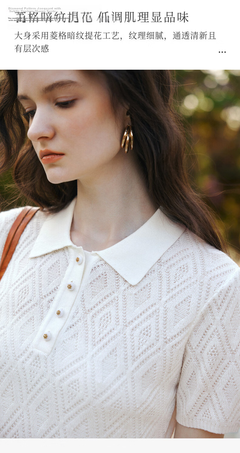 Olrain Summer New POLO Collar Commuter Rhombus Jacquard Knit Sweater for Women White L 5