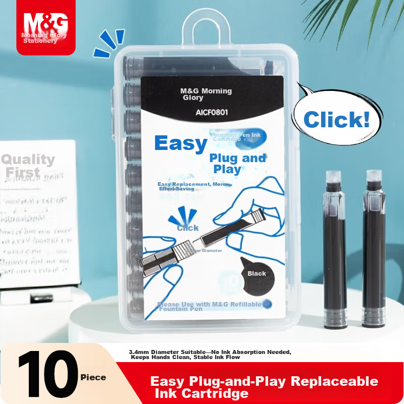 M&G Stationery Fountain Pen Ink Cartridges Refillable Ink Cartridges Disposable Fountain Pen Ink Refills Easy to Insert and Replace 10-Pack Black AICF0801