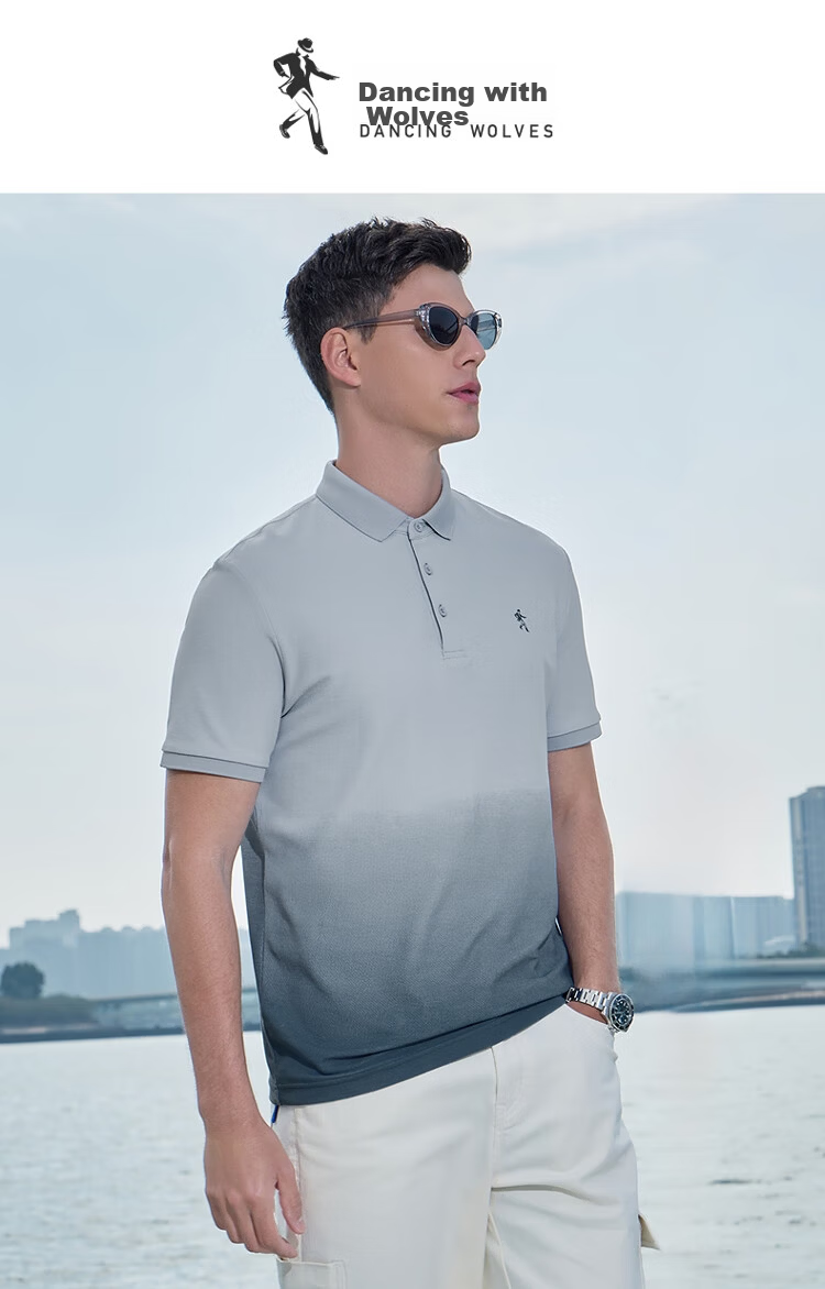 DANCING WOLVES [Gradient] Short-Sleeve Polo Shirt for Men, Summer Cool-Feeling Quick-Dry Breathable Business Casual Versatile T-Shirt Top for Me 1