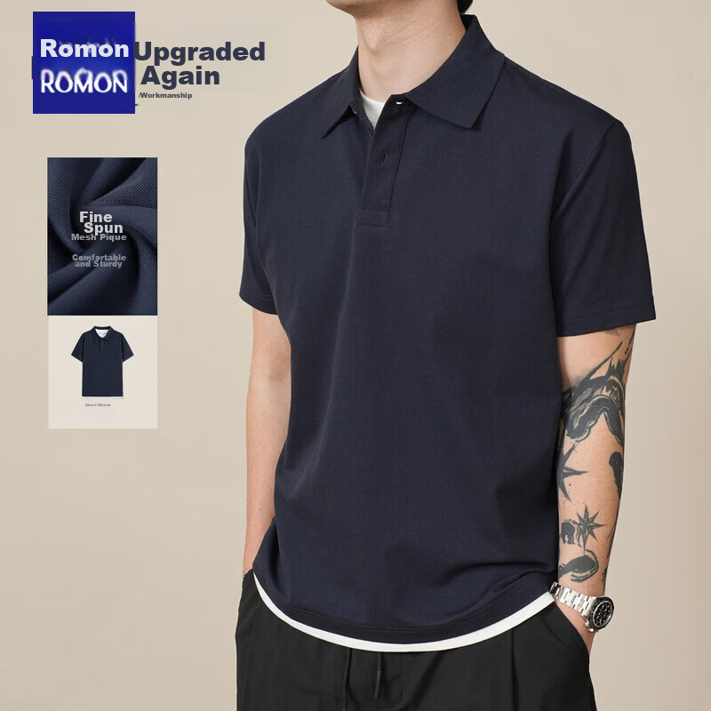 ROMON Pearl Cotton Two-Piece Short Sleeve Polo Shirt Men's Summer Casual Cool T-Shirt Navy Blue M