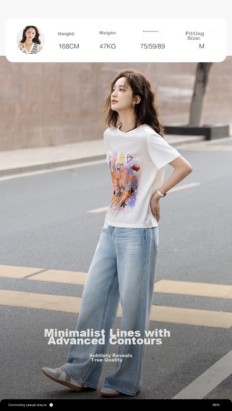Demana [Cooling Black Technology] Summer Sorona Spliced Mulberry Silk Round Neck Printed Slimming Concealing T-Shirt for Women Premium 5