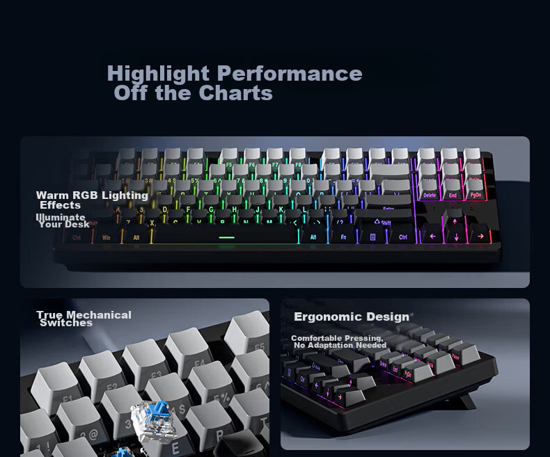 EWEADN DK87 Mechanical Keyboard Wireless Bluetooth Tri-Mode Wired Desktop Laptop Gaming Office Hot-Swappable Gradient Side-Printed Dust-Resistant 2