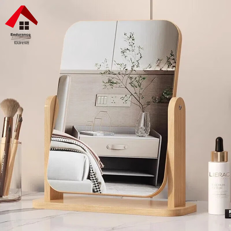 Naifeng Large Wooden Rotating Desktop Makeup Mirror for Student Dormitory Bedroom Vanity Table