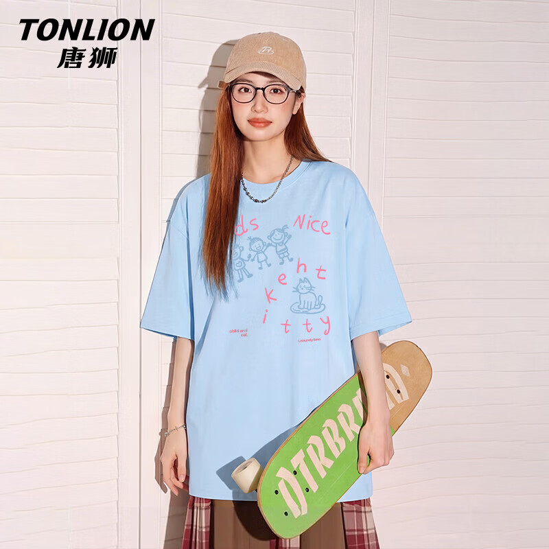 TonLion Women's Heavyweight Cotton Short Sleeve T-Shirt Loose Fit American Style Simple Line Drawing Print Summer New Trendy Petite Top