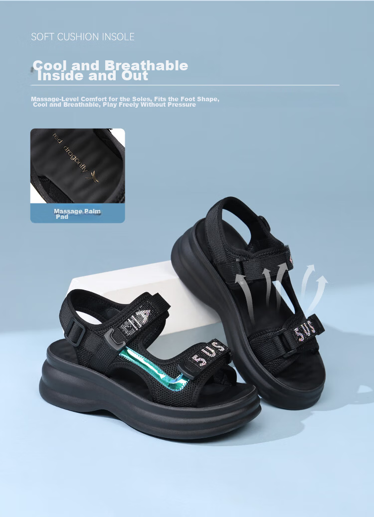 Red Dragonfly Women's Sandals Thick Sole Height Increasing Velcro Beach Outdoor Soft Sole Sports Shoes WTK264761 Black Size 35 5