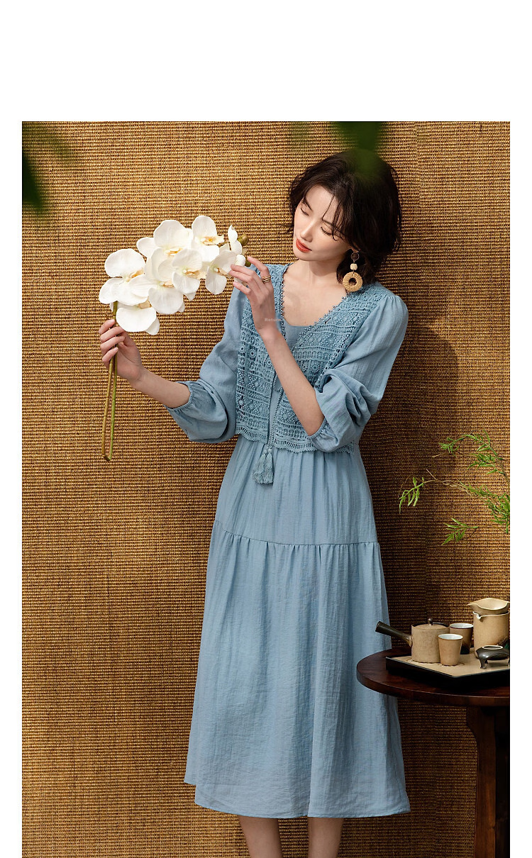 Demana Linen-Viscose Blend Tea Break Dress Spring Elegant Faux Two-Piece Lace Hollow Tower A-Line Women's Dress 11