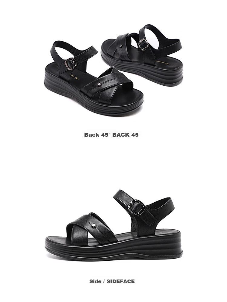 Red Dragonfly Mom Summer Sandals Soft Leather Sole Middle-aged and Elderly Women's Shoes Magic Tape Beach Shoes WTK265021 Black Size 38 11