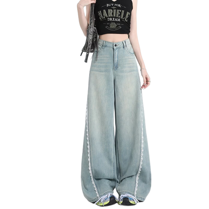 Jeanswest Women's Jeans 2026 Summer Retro Washed Light Lace Trim High Waist Washed Wide Leg Pants Light Blue M