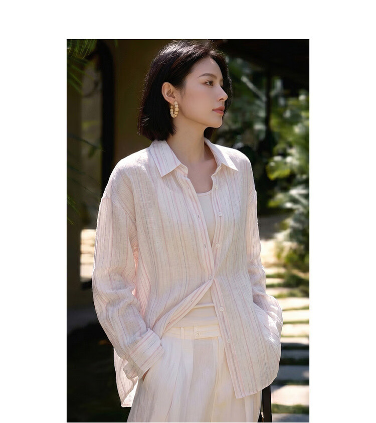 Dme [Lightweight Lyocell] Autumn Lightweight Commuter Striped Textured Lapel Long-Sleeve Loose Draping Women's Shirt for Layering 14
