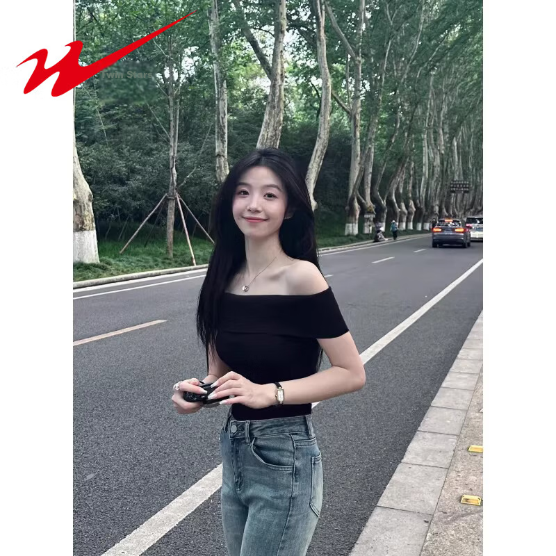 Shuangxing Women's Off-Shoulder Short Sleeve T-Shirt Summer New French Style Elegant Slim Fit Black S