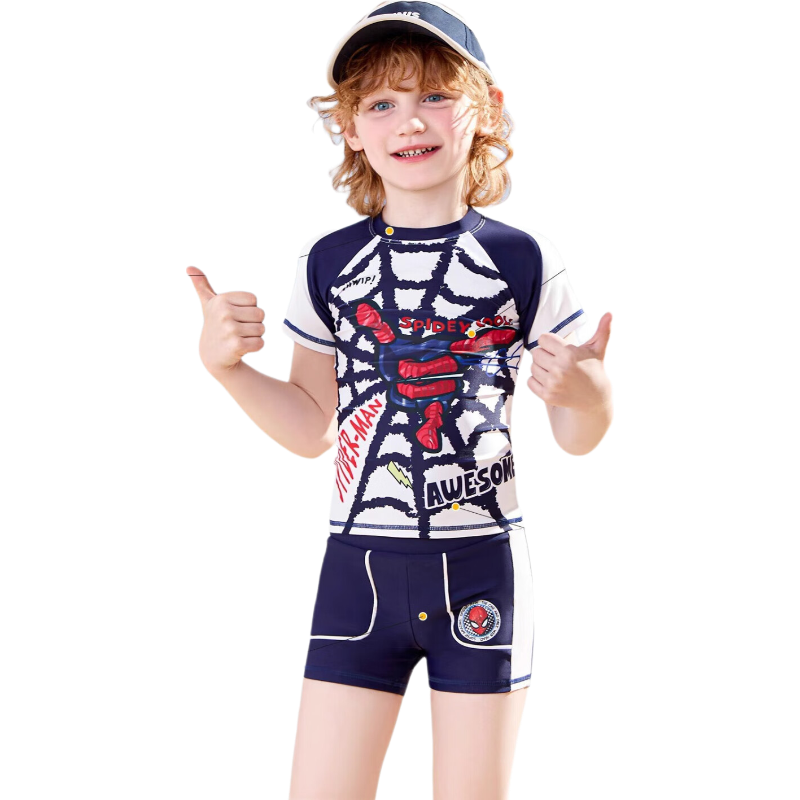 Dishini Boys' Quick-Dry Two-Piece Swimsuit, UV Protection Class A Swimwear for Older Children, Model D35228, Navy Blue, Size 100