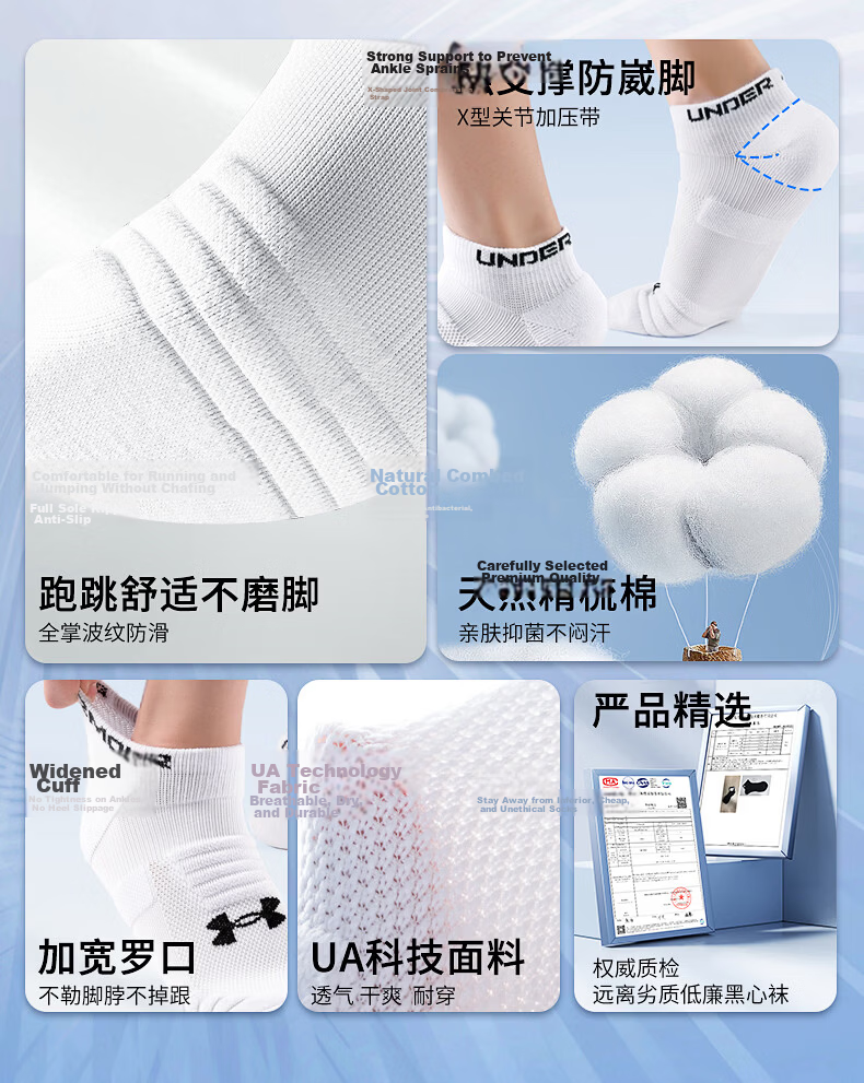 Under Armour Socks No-Show Socks [3 Pairs] Basketball Badminton Sports Socks for Men and Women Running Thin Anti-Odor Terry Short Cotton Socks 2