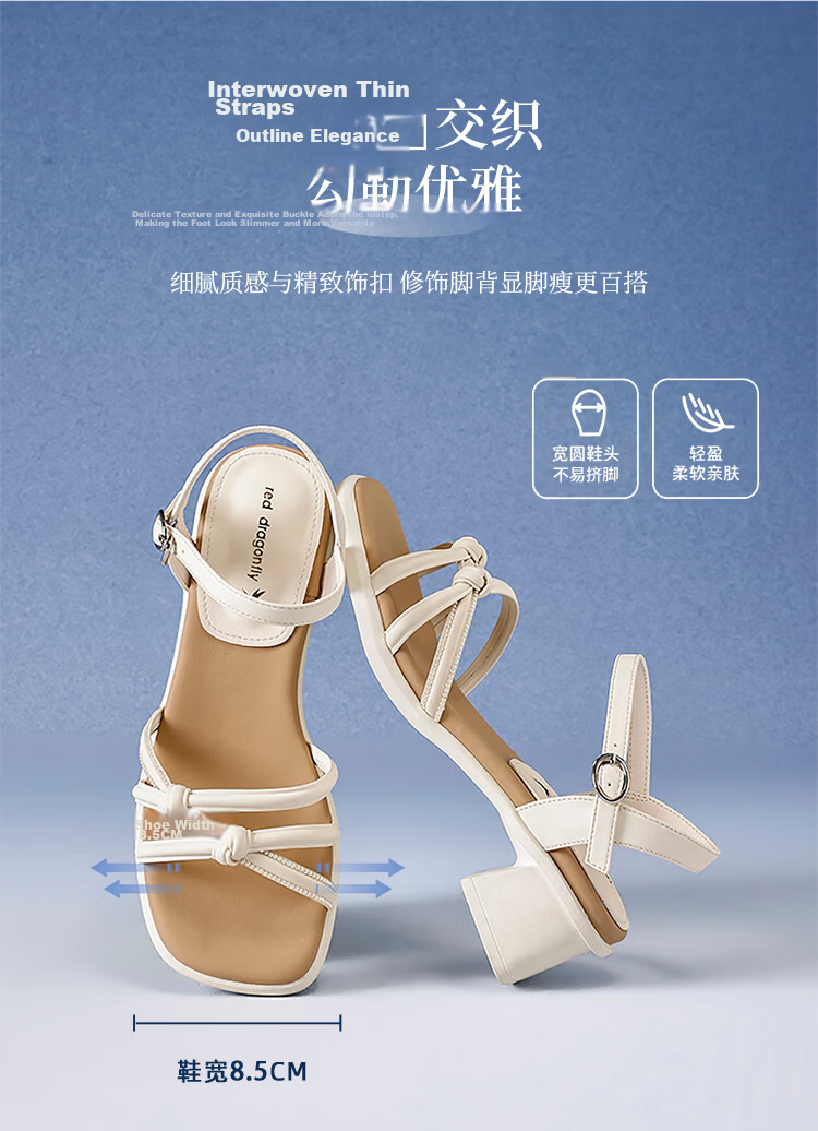 Red Dragonfly Women's Sandals Fairy Style One-strap Open Toe Roman Shoes Chunky Heel Height Increasing Beach Shoes WLK266881 Beige Size 38 3