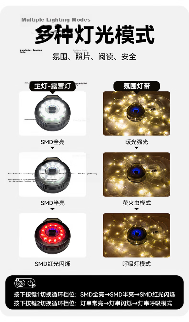 Black Dog Ambient Camping String Lights Outdoor Camping Decorative Lighting Tape Measure Storage 10m 8