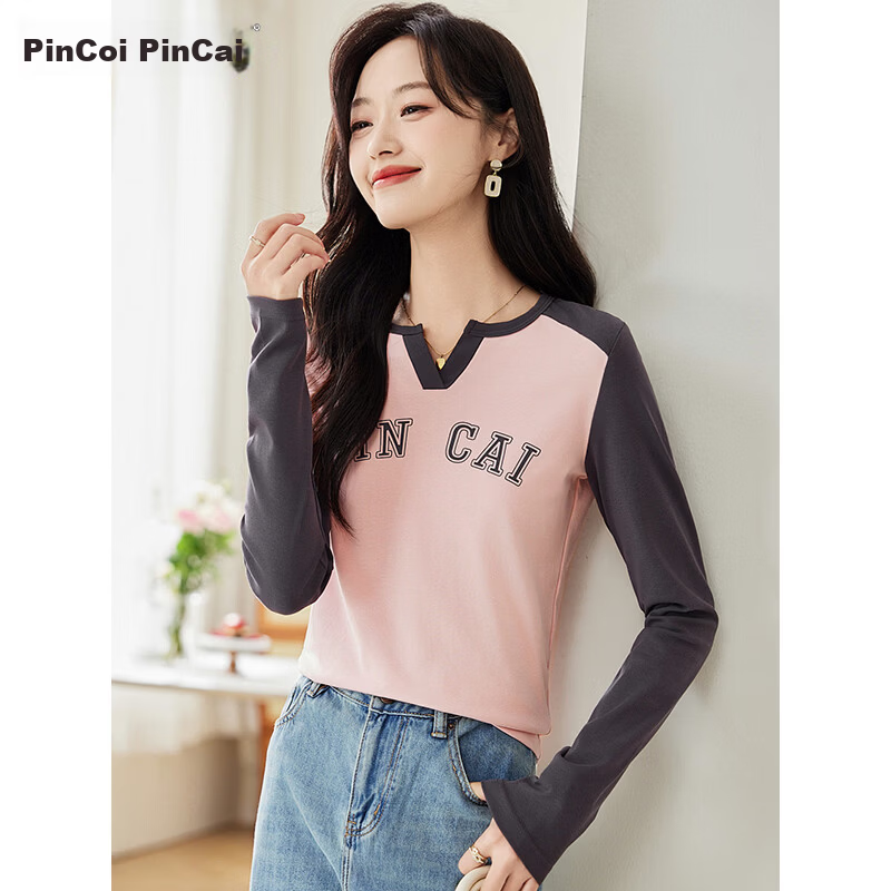 Pincai Women's Long Sleeve V-Neck Letter Print T-Shirt Unique Design Base Top P143T2037
