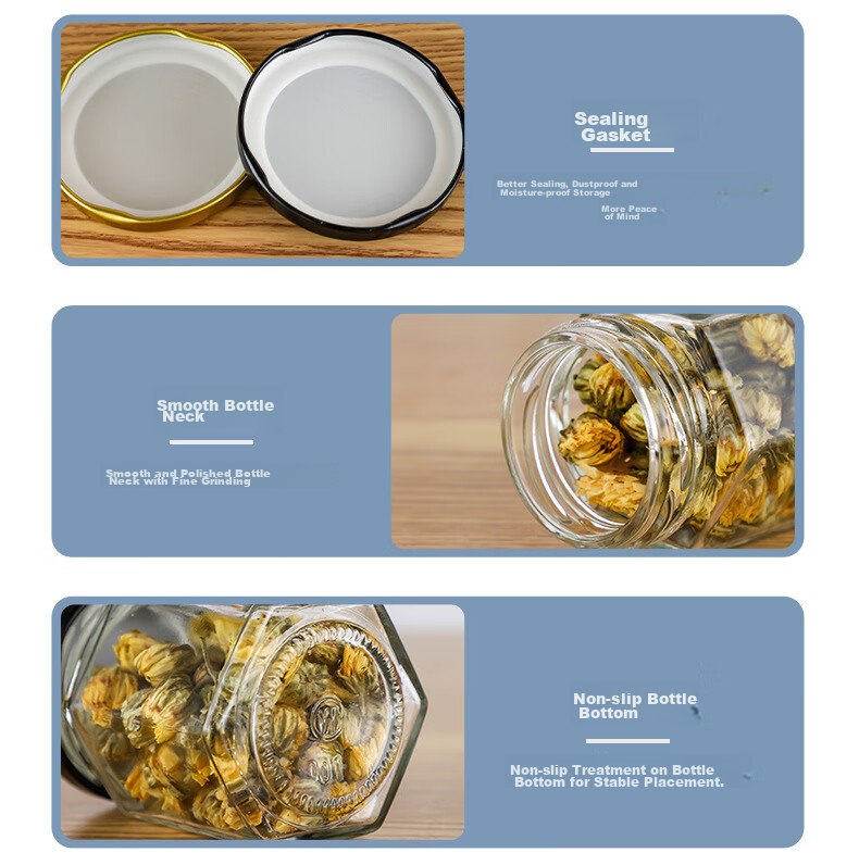 PINYU Glass Jar with Lid Food Grade Hexagonal Jam Chili Sauce Sealed Jar Honey Lemon Paste Grain Dry Goods Storage Container 12