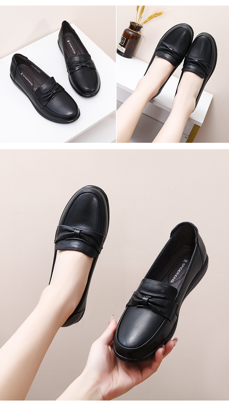 SPIDER KING Mom Shoes, Genuine Leather Soft-Soled Flats for Women, Comfortable Non-Slip Slip-On Loafers for Middle-Aged And Elderly, 22763 Black, Size 41 4