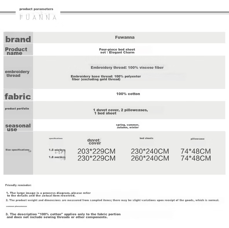 Fuanna Home Textiles 120-Thread Count Double-Ply Long-Staple Cotton 4-Piece Bedding Set 100% Pure Cotton High-End National Embroidery Bed Linen 1.8m 14