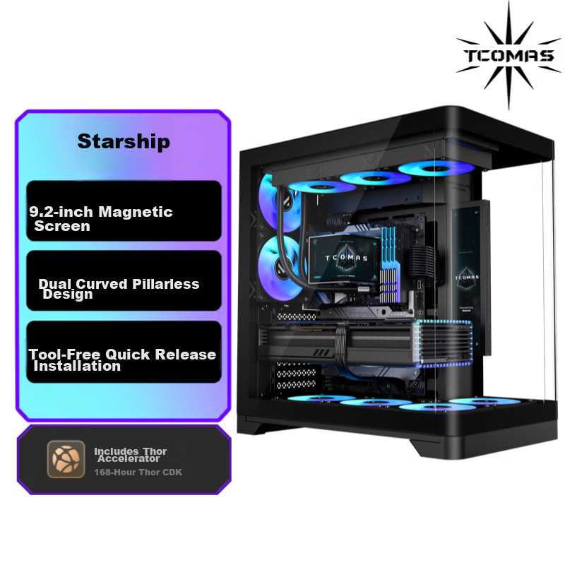 TCOMAS Titanium Tantalum Starship Black PC Seaview Case Curved Glass No Pillar 9.2-inch Display Supports 360mm Water Cooling ATX/MATX