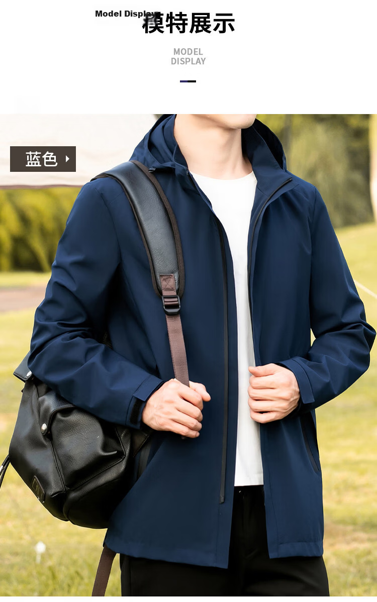 Caesar Men's Spring Hooded Zip-Up Jacket Windproof Thermal Casual Solid Color Coat 5