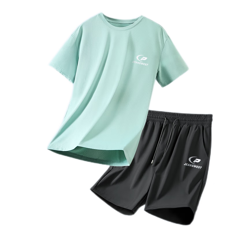 JEANSWEST LIFE Summer Lightweight Ice Silk Breathable Quick-Dry Men's Sports Set Short Sleeve T-Shirt and Shorts Two-Piece Set