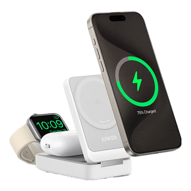 ANKER MagGo 3-in-1 15W Magnetic Wireless Charger Foldable for iPhone 17 Pro Max, Apple Watch, AirPods - White