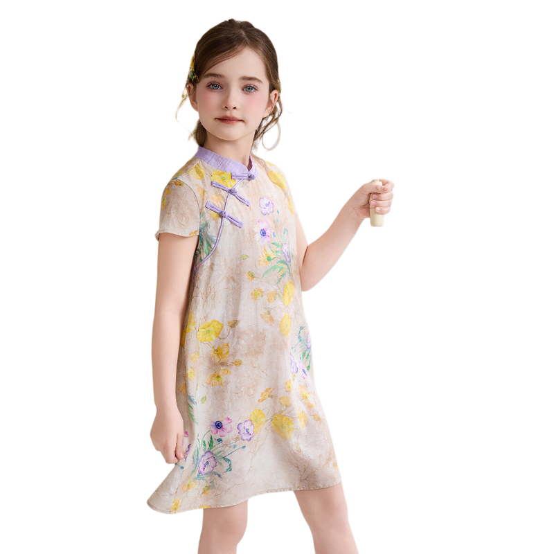 ASK JUNIOR Chinese Style New Mid-Modern Children's Dress 2026 Summer Short Sleeve Qipao Dress for Girls