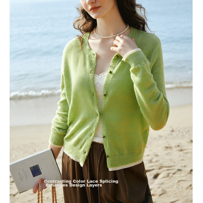 Olrain Women's Spring Commuter Color-Block Lace Spliced Long Sleeve Soft Knit Cardigan Green XL