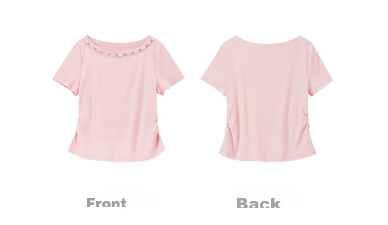 Shangdu Bila Korean Style Elegant Cotton Blend T-Shirt Women Summer Beaded Lace Round Neck Knit Top Slim Fit Short Sleeve Inner Wear 38