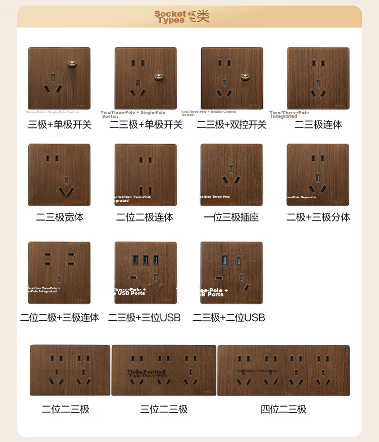 BULL Retro Switch Socket, Acrylic Ultra-Thin Panel, Three-Hole 16A Air Conditioner Socket, G70Z104 Walnut Color 24