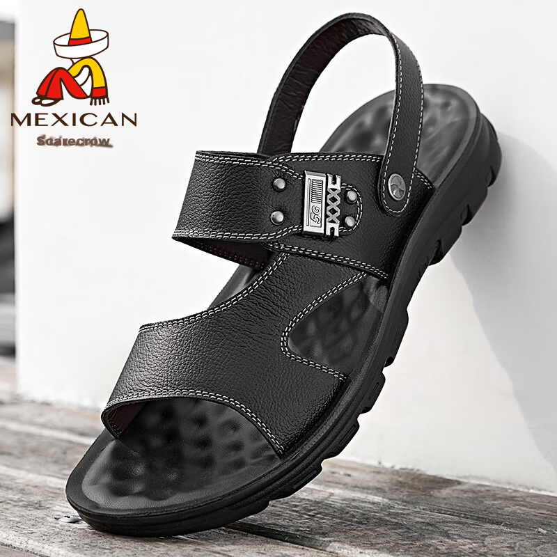 MEXICAN Men's First Layer Cowhide Sandals Beach Slip-On Hollow Out Shoes Black Size 44
