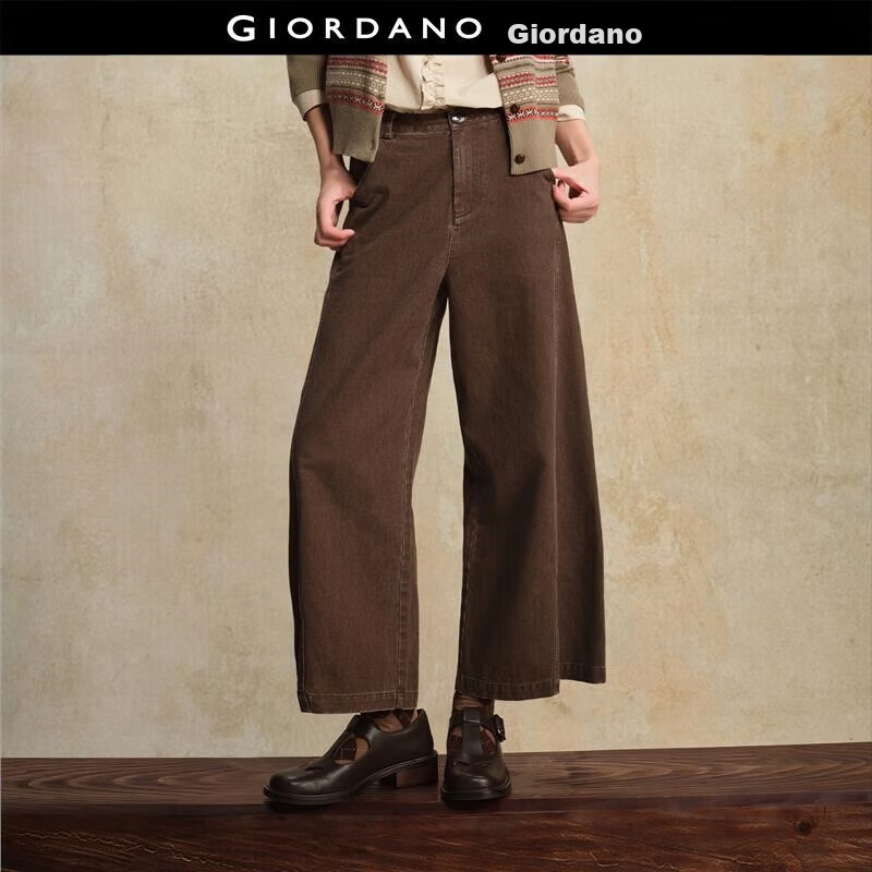 Giordano Designer Women's 2026 Pure Cotton Washed High-Waist Cropped Wide-Leg Jeans 18415915